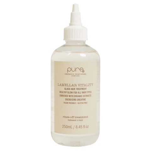 Pure Lamellar Vitality Glass Hair Treatment 250ml bottle showing clear, shiny liquid inside a sleek container.