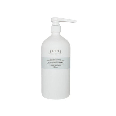 Pure Sacred Mask from Pure, 1000ml bottle, showing the mask's packaging with a sleek design and product label.