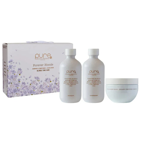Pure Forever Blonde Trio Pack by Pure features three hair color products with blonde shades for a vibrant, natural look.