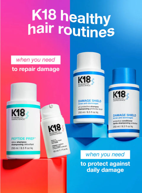 K18 Damage Shield Protective Conditioner in 250ml bottle, showing white conditioner with blue and silver accents.
