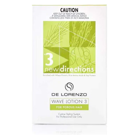 Delorenzo Wave Lotion 3 styling product for porous hair, shown in bottle with applicator, designed to enhance waves and curls.