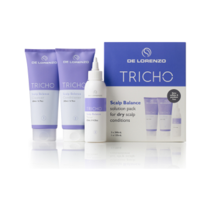 Delorenzo Tricho Scalp Balance Trio Pack of shampoos with natural ingredients, designed to promote healthy scalp and hair.