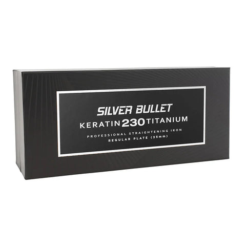 Silver Bullet Keratin 230 titanium hair straightener with 25mm plates, designed for smooth, sleek styling.