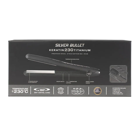 Silver Bullet Keratin 230 titanium hair straightener with a 25mm barrel, designed for smooth, sleek styling.