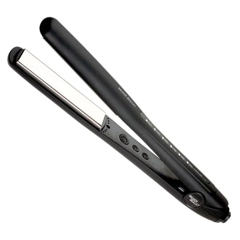 Silver Bullet Keratin 230 titanium straightener with a 25mm barrel, showcasing sleek silver design and ergonomic handle.