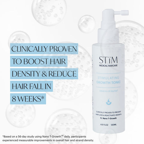 Stïm Haircare stimulating growth toner bottle with applicator tip, clear liquid inside, designed to promote hair growth.