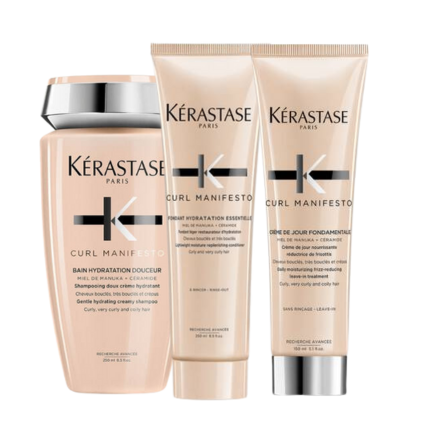 Kérastase Curl Manifesto bundle featuring curated hair care products for defined, frizz-free curls in sleek packaging.