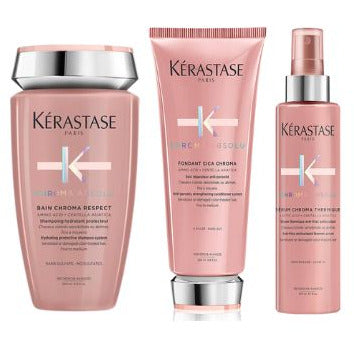 Kérastase Chroma Absolu Respect Bundle featuring hair care products in sleek packaging, designed for color-treated hair.