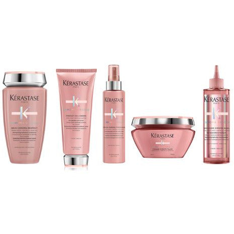 Kérastase Chroma Absolu Respect Bundle with shampoo and conditioner for colored hair, displayed in sleek bottles on a white background.
