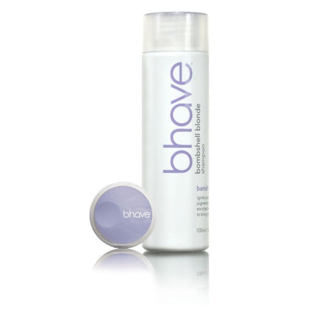 Bhave Bombshell Blonde Shampoo 100ml bottle with sleek label, designed for blonde hair care and color protection.