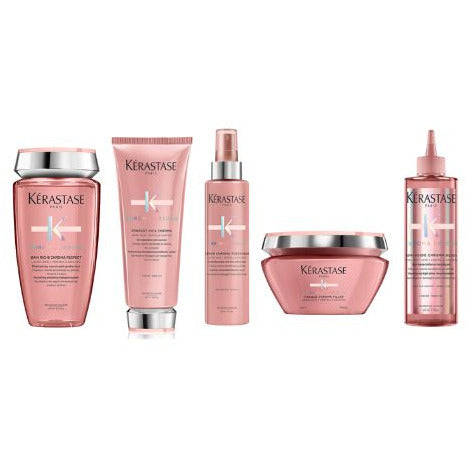 Kérastase Chroma Absolu Riche hair care bundle with shampoo, conditioner, and serum for color-treated hair.