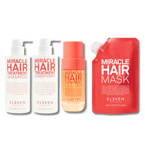 Eleven Australia Miracle Bundle with hair care products, including shampoos and conditioners, arranged in a natural bundle display.