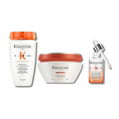 Kérastase Nutritive Split End Repair Bundle with hair treatment products for damaged, split ends in a sleek packaging arrangement.