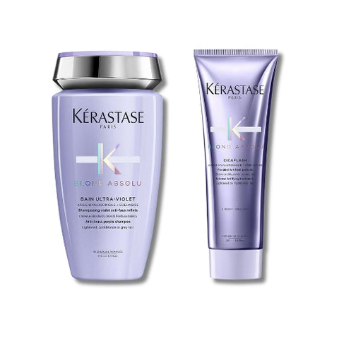 Kérastase Blond Absolu Duo bundle featuring hair care products for blonde hair, with bottles and packaging visible.