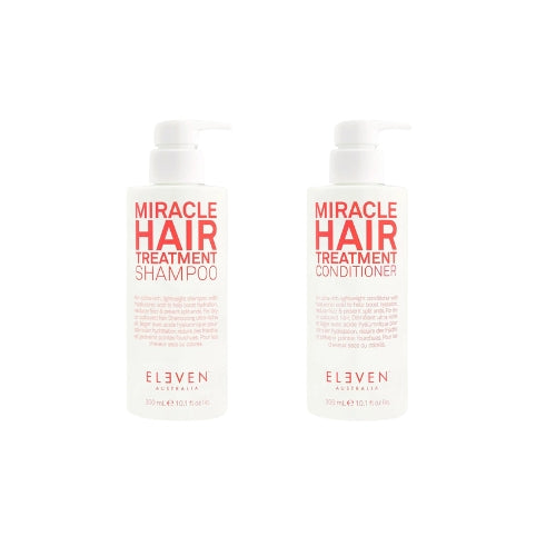 Eleven Australia Miracle Hair Shampoo and Conditioner bundle with sleek bottles, ideal for nourishing and revitalizing hair.