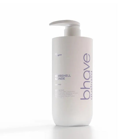 Bhave Bombshell Blonde Shampoo 1000ml bottle with blonde hair illustration on label, designed for blonde hair care.