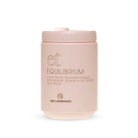 Delorenzo Essential Treatments Equilibrium styling masque in a 1kg jar, designed for hair care and treatment.
