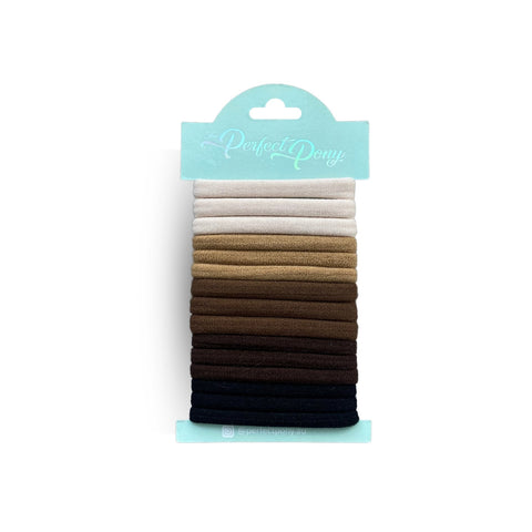 Damage-free soft hair elastics from Perfect Pony Hair in neutral colors, 15-pack, gentle for sensitive hair and easy to style.
