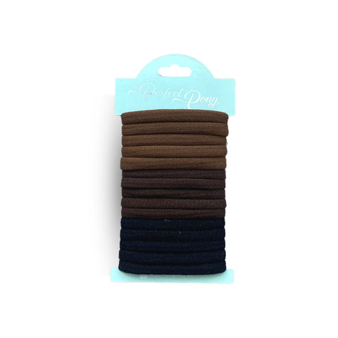 Set of 15 damage-free soft hair elastics in neutral colors from Perfect Pony Hair, gentle on hair and ideal for everyday use.