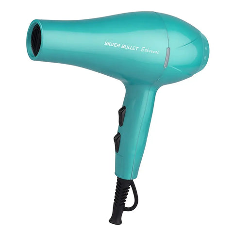 Silver Bullet Ethereal Dryer 2000W hair dryer with sleek silver finish and ergonomic handle, ready for styling.