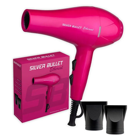 Silver Bullet Ethereal Dryer 2000W hair dryer with a sleek pink design and multiple heat and speed settings.