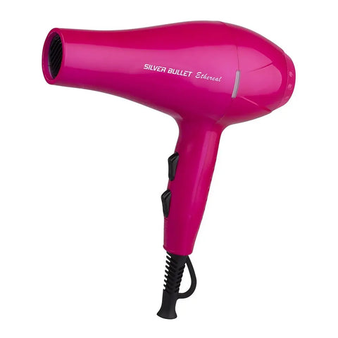 Silver Bullet Ethereal Dryer 2000W hair dryer with pink accents, showcasing sleek design and multiple styling settings.