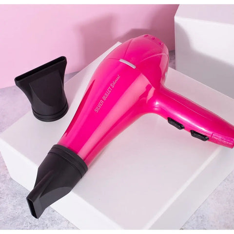 Silver Bullet Ethereal Dryer 2000W hair dryer with a sleek pink finish, featuring multiple heat and speed settings.