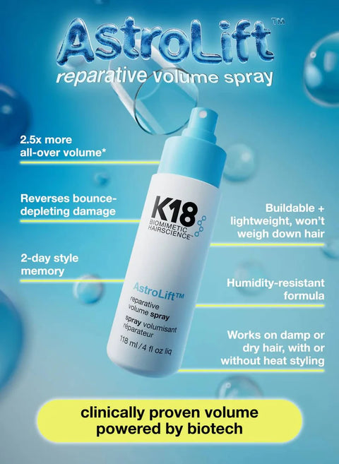 K18 AstroLift™ Reparative Volume Spray bottle, styling product with 118ml capacity, featuring a sleek container and spray nozzle.
