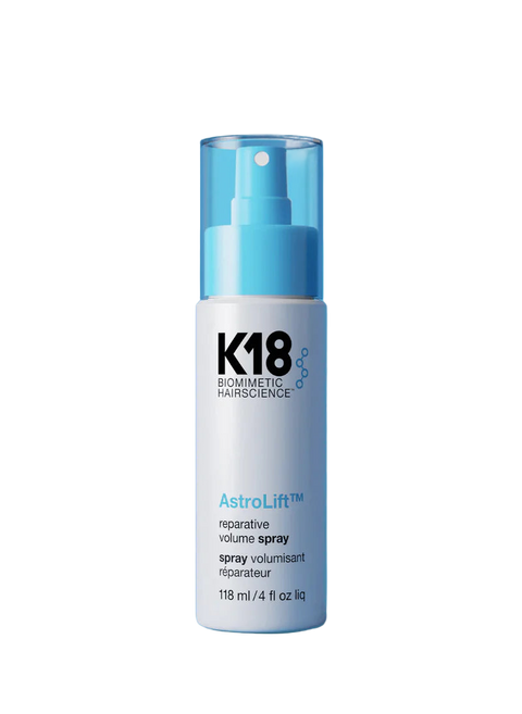 K18 AstroLift™ Reparative Volume Spray bottle for styling with a sleek design, showing the 118ml size on a neutral background.
