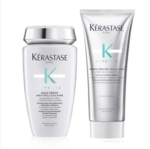 Kérastase Symbiose Scalp Shampoo duo featuring hydrating and micro-peeling cellulaire scrubs in sleek bottles.