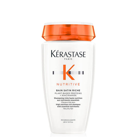 Kérastase Bain Satin Riche shampoo bottle, 250ml, with sleek packaging, designed for nourishing and moisturizing hair.