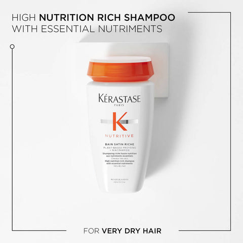 Kérastase Bain Satin Riche shampoo bottle, 250ml, with elegant packaging, designed for nourishing and hydrating hair.