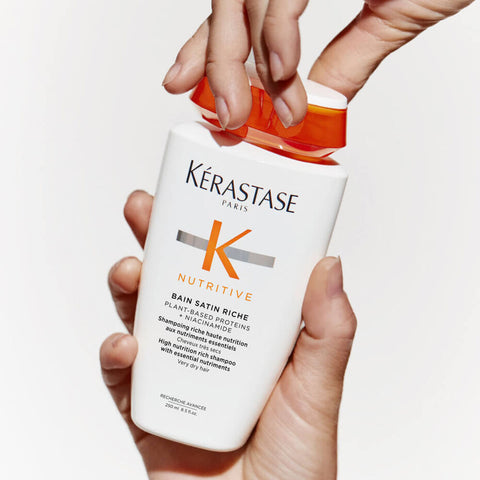 Kérastase Bain Satin Riche shampoo bottle, 250ml, with sleek packaging for nourishing and caring hair.