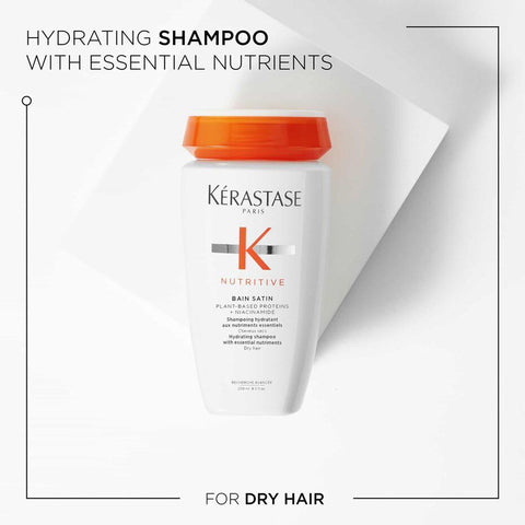 Kérastase Nutritive Bain Satin shampoo bottle, 250ml, with sleek packaging and product label visible.