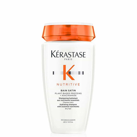 Kérastase Nutritive Bain Satin shampoo bottle, 250ml, with sleek packaging, designed for nourishing and smoothing hair.