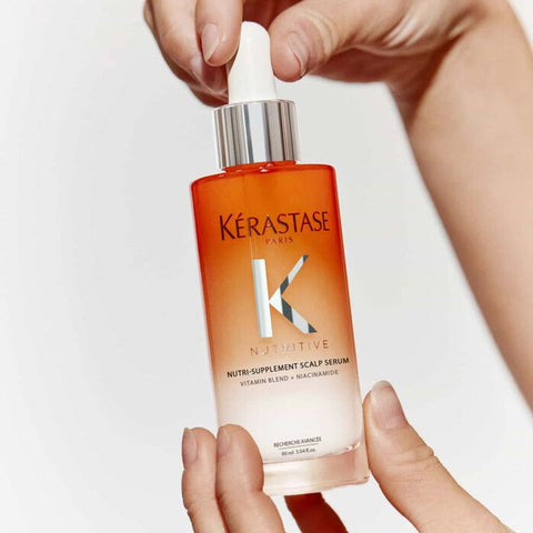 Kérastase Nutritive Nutri-Supplement Scalp Serum bottle, 90ml, shown with applicator tip and packaging for scalp treatment.
