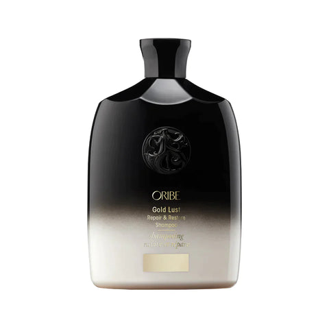 Oribe Gold Lust shampoo, conditioner, and hair oil bundle, featuring luxurious hair care products with elegant packaging and gold accents.