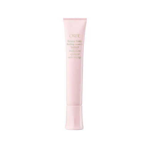 Oribe Serene Scalp Soothing Leave-On Treatment bottle, 50ml, with clear label and sleek design on a white background.