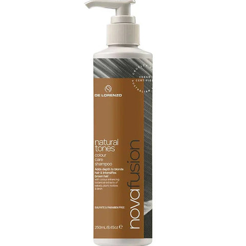 Delorenzo Novafusion Colour Shampoo 250ml bottle with vibrant purple and blue packaging, designed for color-treated hair.