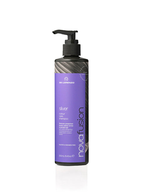 Delorenzo Novafusion Silver Shampoo 250ml bottle with silver-colored label and pump dispenser, designed for hair care.