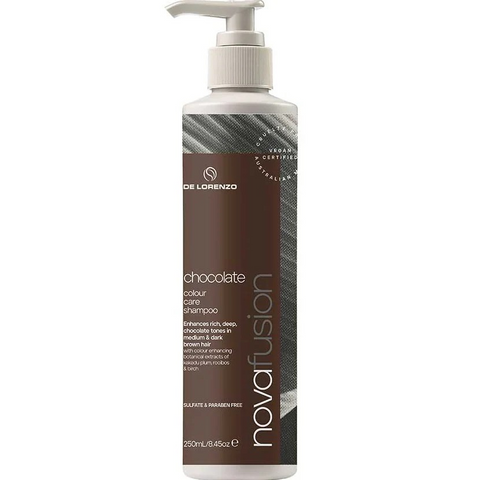 Delorenzo Novafusion Colour Shampoo 250ml bottle with colorful label, designed for vibrant hair color care.