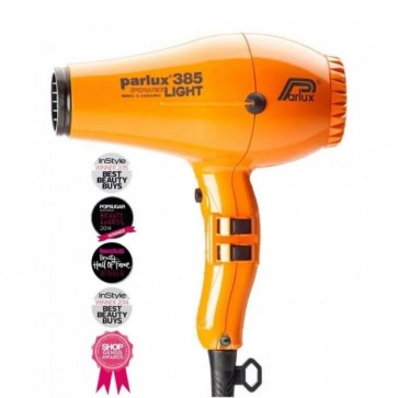 Parlux 385 Ionic Hair Dryer in orange with ceramic technology and 2150W power, featuring a sleek design and power light indicator.