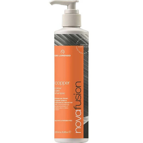 Delorenzo Novafusion Colour Shampoo 250ml bottle with a sleek label, showing the product inside for vibrant hair color care.
