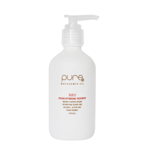 Pure C Treatment Red 200ml bottle with bright red liquid, featuring a white cap and label, designed for hair treatment.
