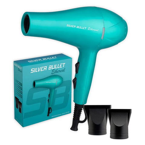 Silver Bullet Ethereal Dryer 2000W hair dryer with sleek silver design and ergonomic handle, ideal for professional styling.