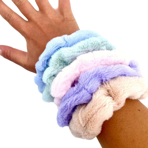 Super soft, fluffy hair scrunchies by Perfect Pony Hair, made from plush, comfortable fabric for gentle hold and stylish look.