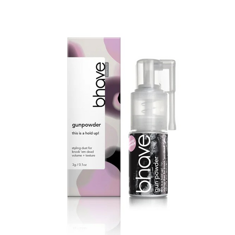 Bhave Gunpowder Style Dust 40ml container with black powder and packaging label, used for styling and texturing hair.