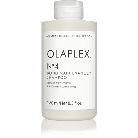 Olaplex No.4 Bond Maintenance Shampoo 250ml bottle with sleek black and white design, featuring the Olaplex logo and product label.