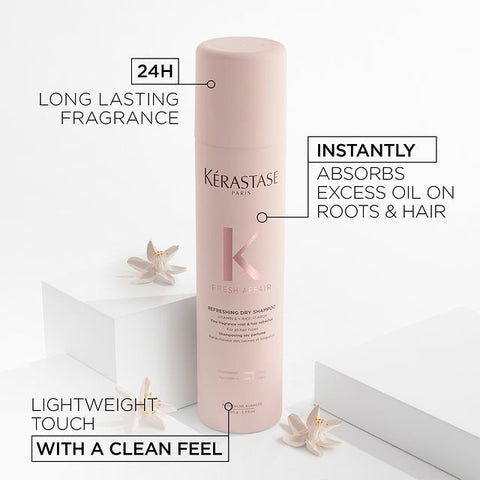 Kérastase Fresh Affair dry shampoo bottle in 150g with a sleek design and minimalist label, ready for hair refreshment.
