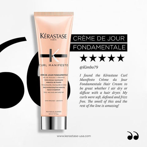 Kérastase Curl Manifesto Crème De Jour Fondamentale curly hair leave-in treatment in 150ml jar with textured cream inside.